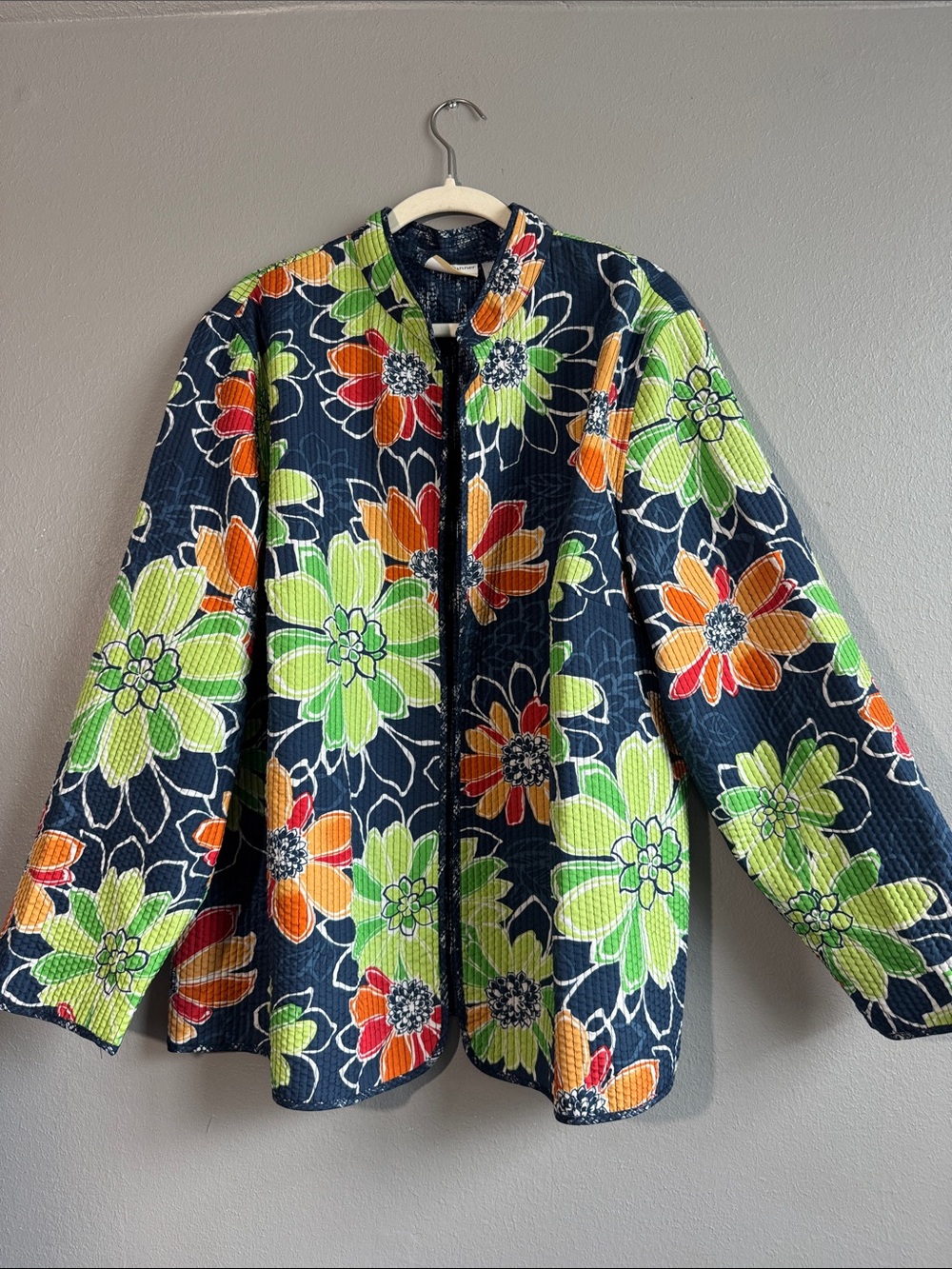 Alfred Dunner Navy Quilted Floral Jacket with Lime & Orange Accents